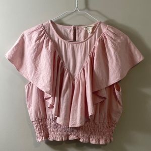 Open Edit Pink Linen Ruffle Shirt